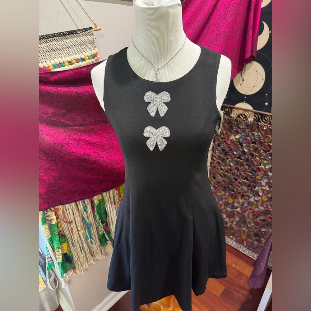 Girl ( Child ) Size 14 Elegant Black Dress with Silver Bow Accents